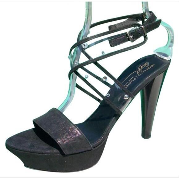 Donald Pliner Black Metallic Leather Platform Shoe Swarovski Crystals NWT $395
